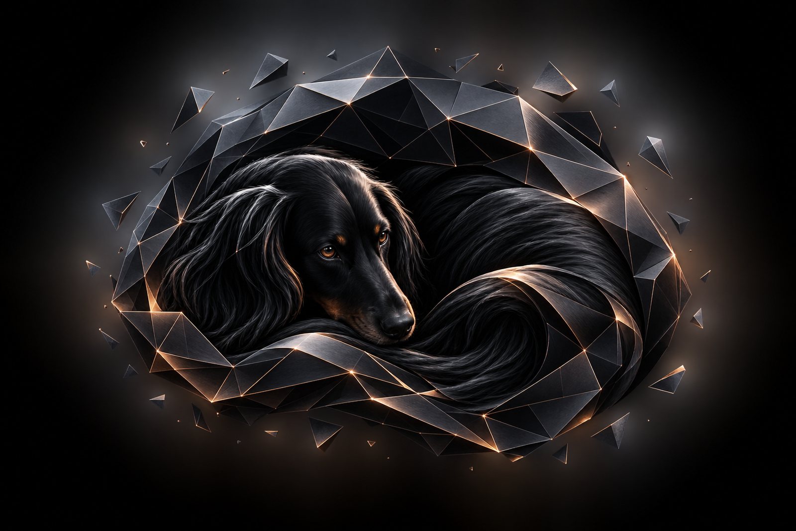 A Gordon Setter curled asleep, rendered as a faceted illustration.